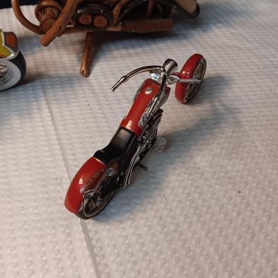 A WOODEN MOTORCYCLE AND 2 DIE-CAST MODELS