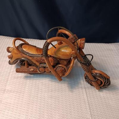 A WOODEN MOTORCYCLE AND 2 DIE-CAST MODELS