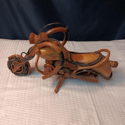 A WOODEN MOTORCYCLE AND 2 DIE-CAST MODELS