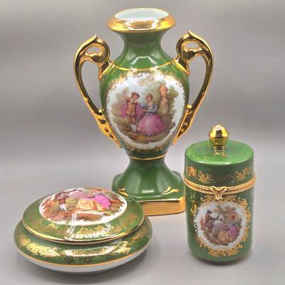 LOT 25L: Collection of Vintage Limoges Porcelain Pieces Including Double Hanldled Vase, Round Bowl with Lid, and Lidded Trinket Box