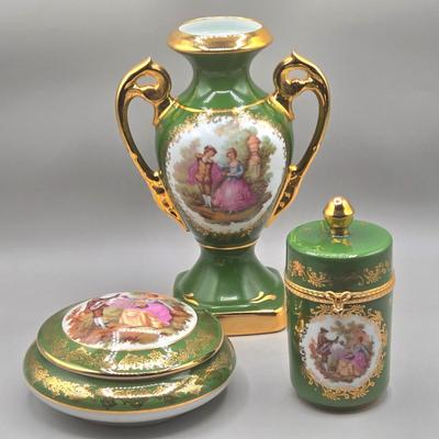 LOT 25L: Collection of Vintage Limoges Porcelain Pieces Including Double Hanldled Vase, Round Bowl with Lid, and Lidded Trinket Box