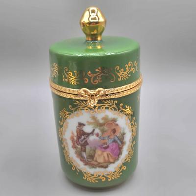 LOT 25L: Collection of Vintage Limoges Porcelain Pieces Including Double Hanldled Vase, Round Bowl with Lid, and Lidded Trinket Box