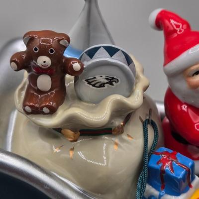 LOT 38L: Lenox Holly Berry Trinket Box, 2008 Danbury Mint Philadelphia Eagles Santa in a Sleigh Ornament, Vintage Napcoware Christmas...