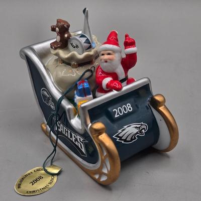 LOT 38L: Lenox Holly Berry Trinket Box, 2008 Danbury Mint Philadelphia Eagles Santa in a Sleigh Ornament, Vintage Napcoware Christmas...