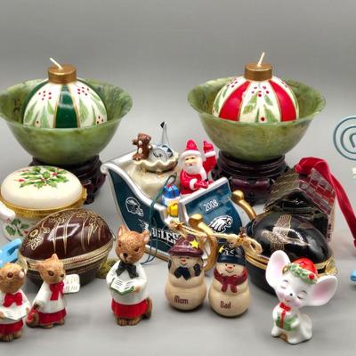 LOT 38L: Lenox Holly Berry Trinket Box, 2008 Danbury Mint Philadelphia Eagles Santa in a Sleigh Ornament, Vintage Napcoware Christmas...
