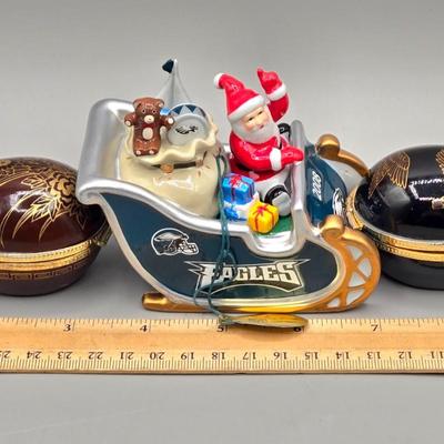 LOT 38L: Lenox Holly Berry Trinket Box, 2008 Danbury Mint Philadelphia Eagles Santa in a Sleigh Ornament, Vintage Napcoware Christmas...