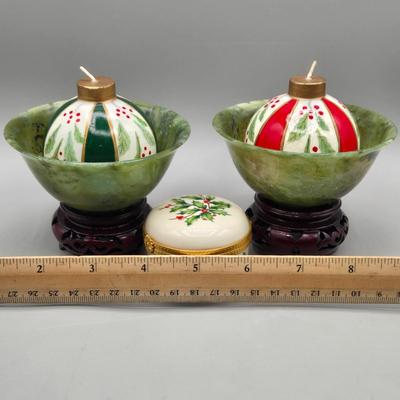 LOT 38L: Lenox Holly Berry Trinket Box, 2008 Danbury Mint Philadelphia Eagles Santa in a Sleigh Ornament, Vintage Napcoware Christmas...