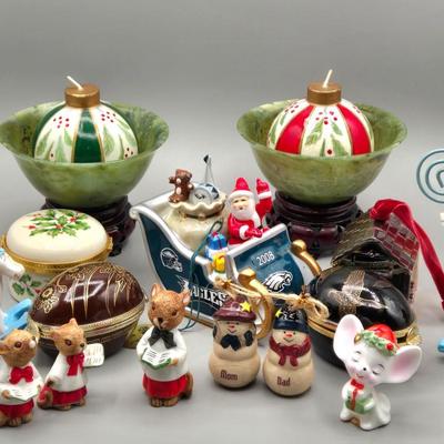 LOT 38L: Lenox Holly Berry Trinket Box, 2008 Danbury Mint Philadelphia Eagles Santa in a Sleigh Ornament, Vintage Napcoware Christmas...