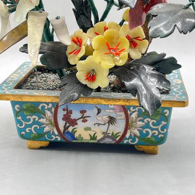 LOT 42L: Vintage Chinese Stone Floral Arrangement in Cloisonne Pot