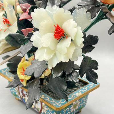 LOT 42L: Vintage Chinese Stone Floral Arrangement in Cloisonne Pot