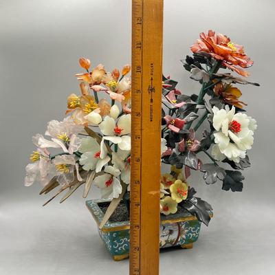 LOT 42L: Vintage Chinese Stone Floral Arrangement in Cloisonne Pot
