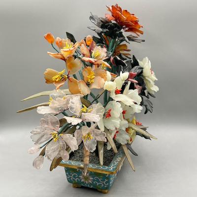 LOT 42L: Vintage Chinese Stone Floral Arrangement in Cloisonne Pot