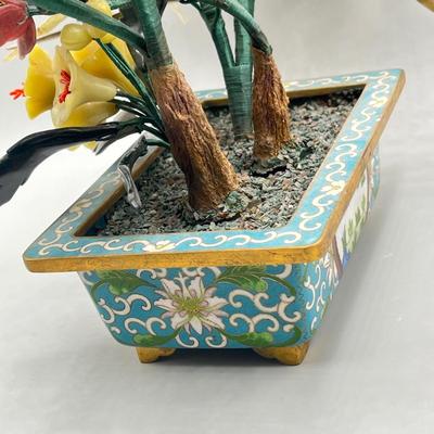 LOT 42L: Vintage Chinese Stone Floral Arrangement in Cloisonne Pot