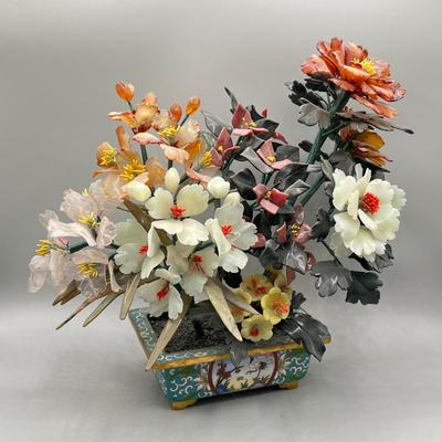 LOT 42L: Vintage Chinese Stone Floral Arrangement in Cloisonne Pot