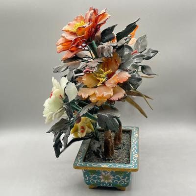 LOT 42L: Vintage Chinese Stone Floral Arrangement in Cloisonne Pot