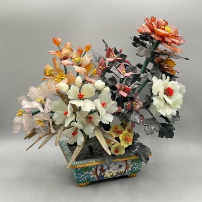 LOT 42L: Vintage Chinese Stone Floral Arrangement in Cloisonne Pot