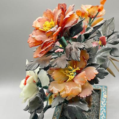 LOT 42L: Vintage Chinese Stone Floral Arrangement in Cloisonne Pot