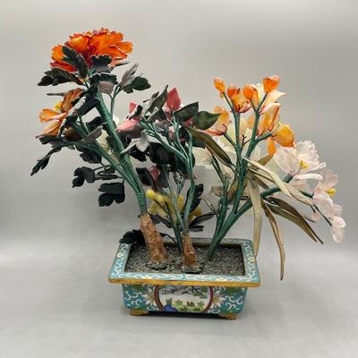 LOT 42L: Vintage Chinese Stone Floral Arrangement in Cloisonne Pot