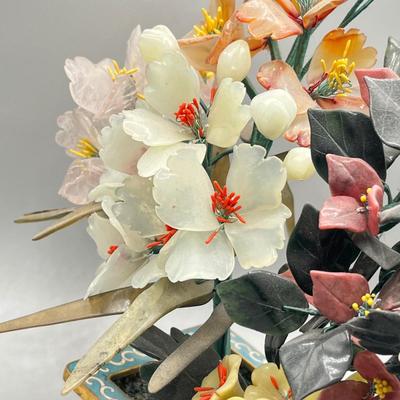 LOT 42L: Vintage Chinese Stone Floral Arrangement in Cloisonne Pot