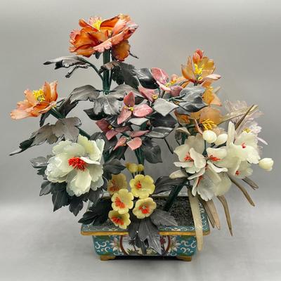 LOT 46L: Vintage Chinese Stone Floral Arrangement in Cloisonne Pot