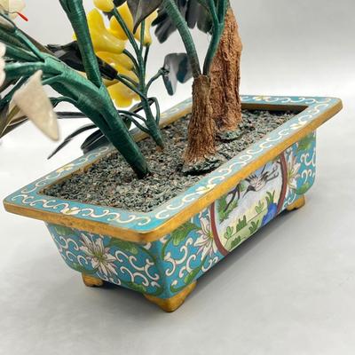 LOT 46L: Vintage Chinese Stone Floral Arrangement in Cloisonne Pot