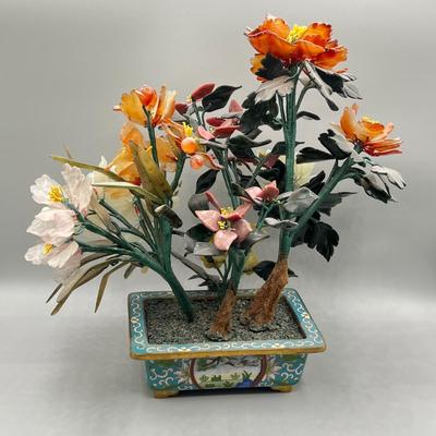 LOT 46L: Vintage Chinese Stone Floral Arrangement in Cloisonne Pot