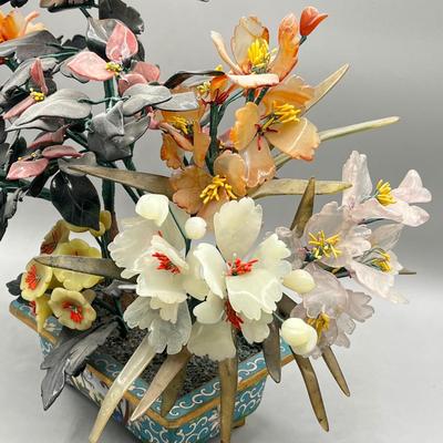 LOT 46L: Vintage Chinese Stone Floral Arrangement in Cloisonne Pot