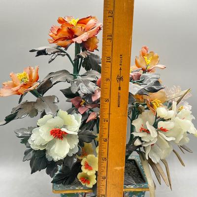 LOT 46L: Vintage Chinese Stone Floral Arrangement in Cloisonne Pot
