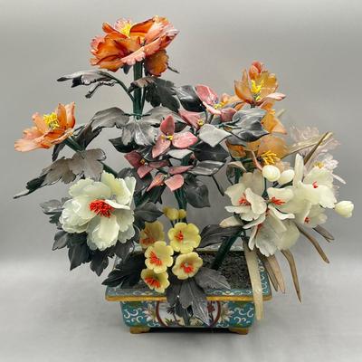 LOT 46L: Vintage Chinese Stone Floral Arrangement in Cloisonne Pot