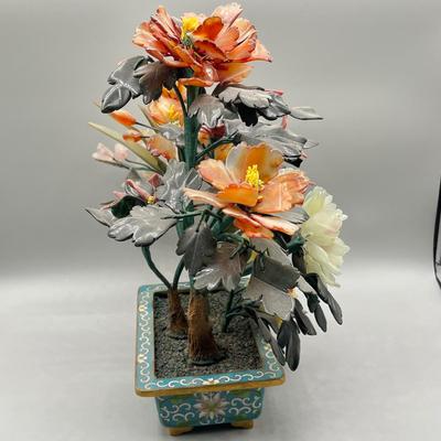 LOT 46L: Vintage Chinese Stone Floral Arrangement in Cloisonne Pot