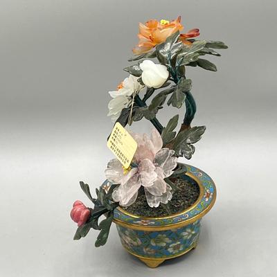 LOT 52L: Stone Floral Arrangements in Cloisonne Pots and More