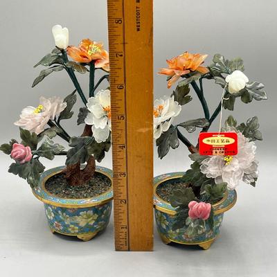 LOT 52L: Stone Floral Arrangements in Cloisonne Pots and More
