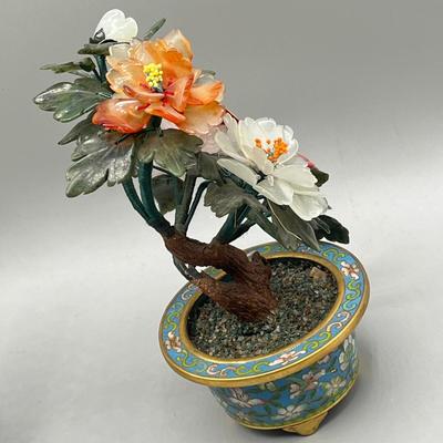 LOT 52L: Stone Floral Arrangements in Cloisonne Pots and More