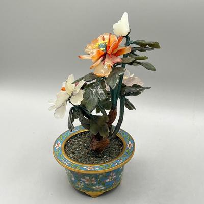 LOT 52L: Stone Floral Arrangements in Cloisonne Pots and More