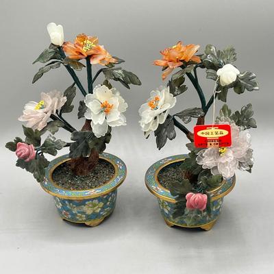 LOT 52L: Stone Floral Arrangements in Cloisonne Pots and More