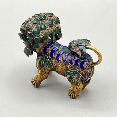 LOT 63L: Vintage Chinese Foo Dog Enamel Copper Gilt Filgree Articulated Nodder