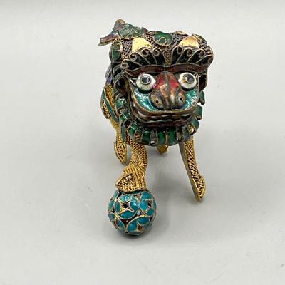 LOT 63L: Vintage Chinese Foo Dog Enamel Copper Gilt Filgree Articulated Nodder