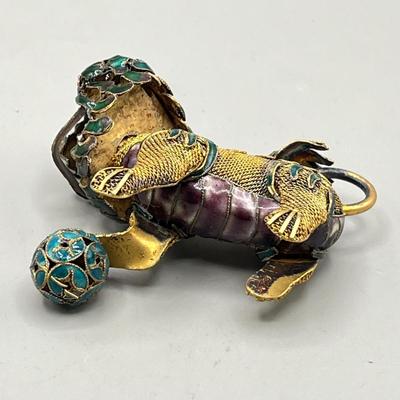 LOT 63L: Vintage Chinese Foo Dog Enamel Copper Gilt Filgree Articulated Nodder