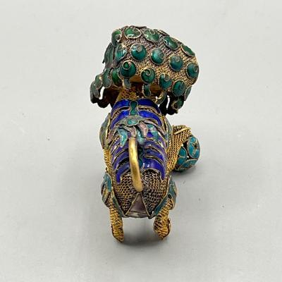 LOT 63L: Vintage Chinese Foo Dog Enamel Copper Gilt Filgree Articulated Nodder