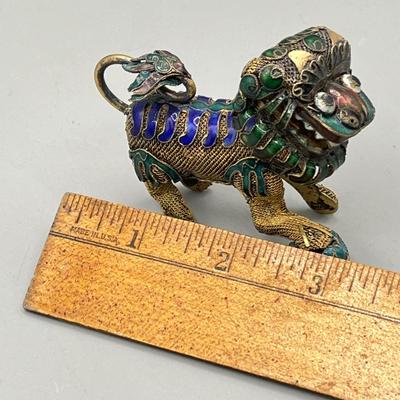 LOT 63L: Vintage Chinese Foo Dog Enamel Copper Gilt Filgree Articulated Nodder