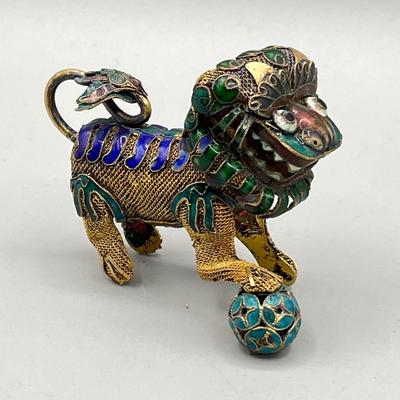 LOT 63L: Vintage Chinese Foo Dog Enamel Copper Gilt Filgree Articulated Nodder