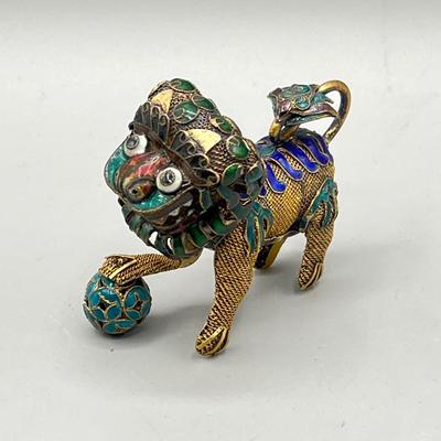 LOT 63L: Vintage Chinese Foo Dog Enamel Copper Gilt Filgree Articulated Nodder