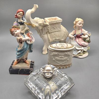 LOT 88L: White Alabaster Elephant made in Italy, Lenox Sentiments Collection Anniversary Box, Lenox Crystal Trinket Box, and More