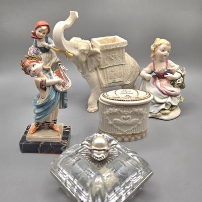 LOT 88L: White Alabaster Elephant made in Italy, Lenox Sentiments Collection Anniversary Box, Lenox Crystal Trinket Box, and More