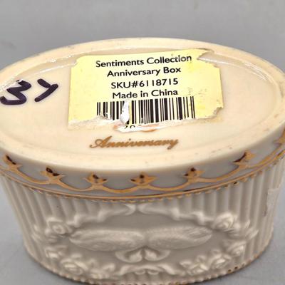 LOT 88L: White Alabaster Elephant made in Italy, Lenox Sentiments Collection Anniversary Box, Lenox Crystal Trinket Box, and More