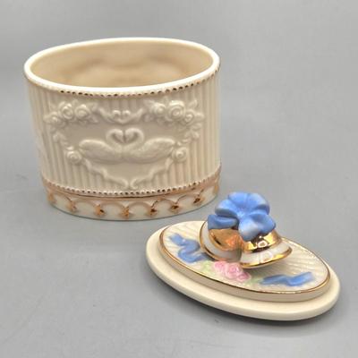 LOT 88L: White Alabaster Elephant made in Italy, Lenox Sentiments Collection Anniversary Box, Lenox Crystal Trinket Box, and More