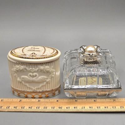 LOT 88L: White Alabaster Elephant made in Italy, Lenox Sentiments Collection Anniversary Box, Lenox Crystal Trinket Box, and More