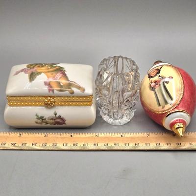 LOT 90L: Liette International Clock and Trinket Box, Coyne's & Company Heavenly Angels Figurine, Enesco Foundations Hail Mary...