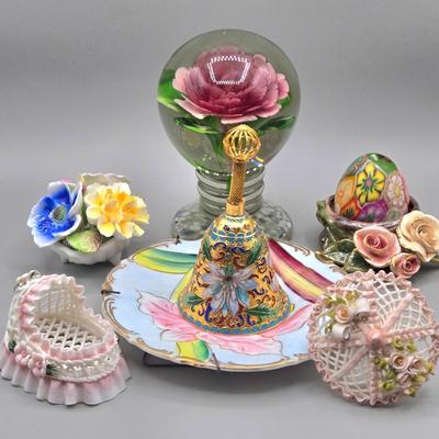 LOT 91L: Vintage Art Glass Rose Paperweight, Royale Stratford Handcrafted Porcelain Flower Bouquet Vase, Vintage Cloisonné Enamel Bell,...
