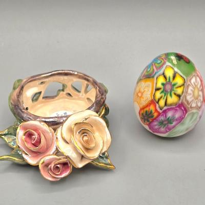 LOT 91L: Vintage Art Glass Rose Paperweight, Royale Stratford Handcrafted Porcelain Flower Bouquet Vase, Vintage Cloisonné Enamel Bell,...